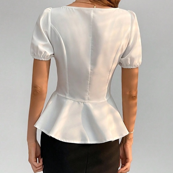 Classic Solid Puff Sleeve Ruffle Hem Blouse - Picture 4 of 12